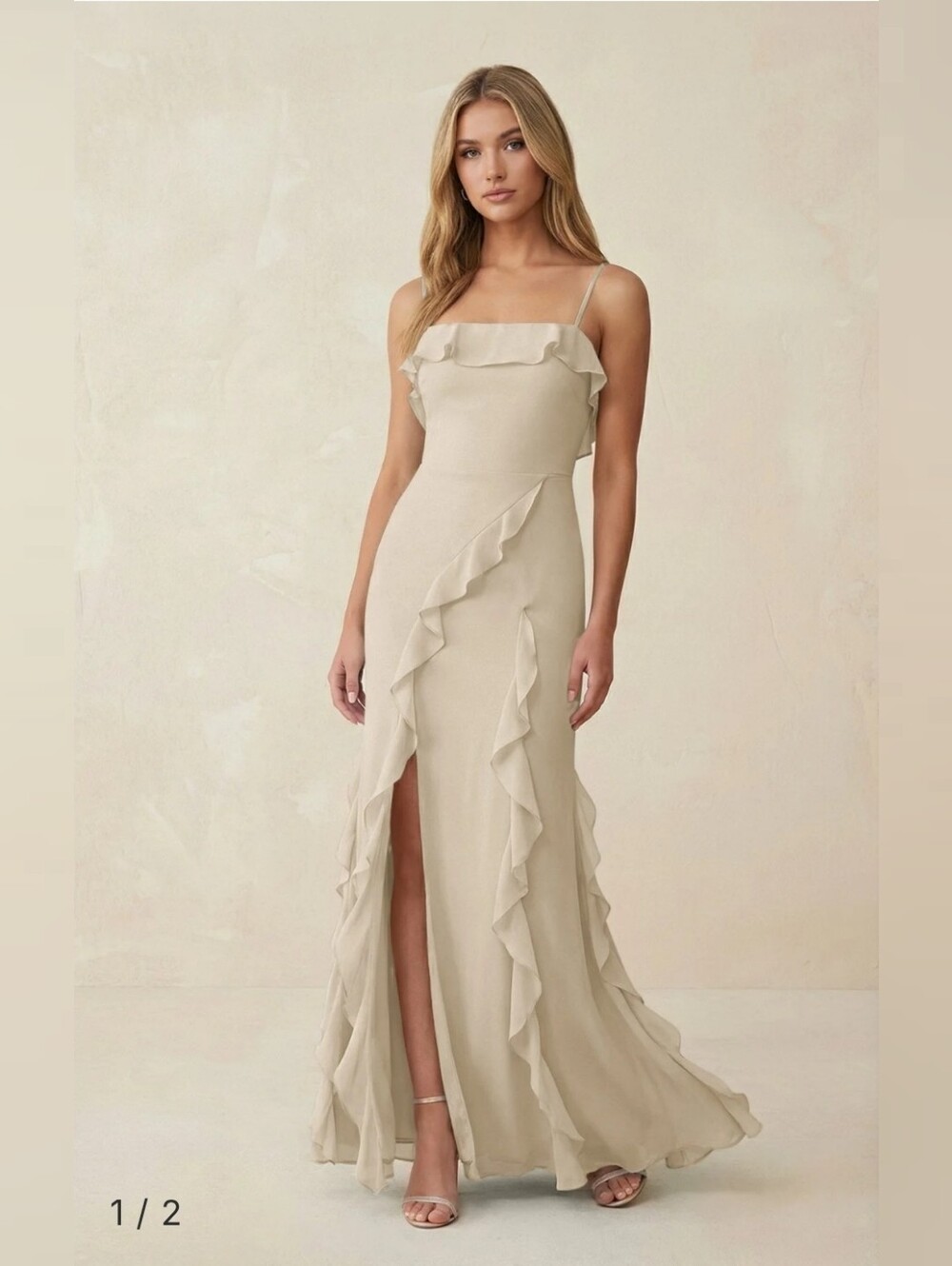 NWT Azazie Barbie Champagne Ruffled Cami Strap Chiffon Sheath Maxi Dress Size A0